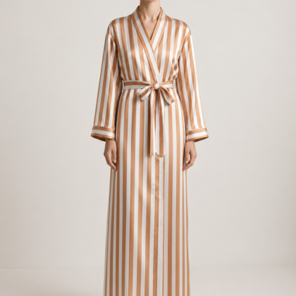 Brown and white striped silk robe with belt