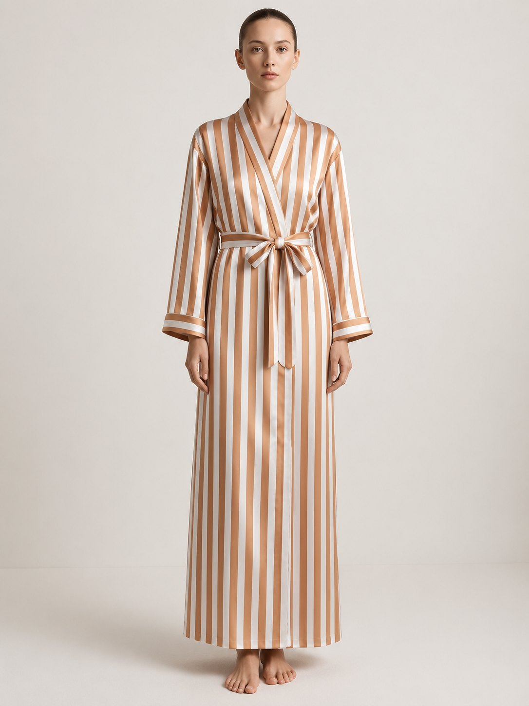 Brown and white striped silk robe with belt