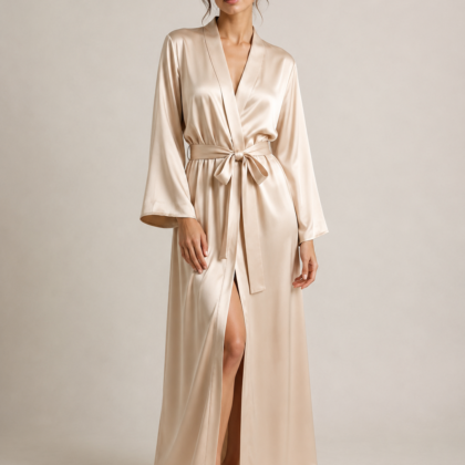 Champagne silk robe with tie waist and long sleeves