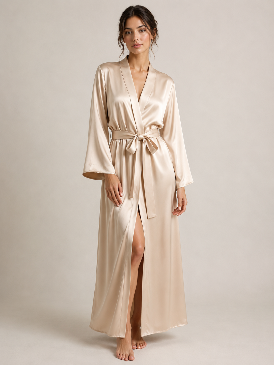 Champagne silk robe with tie waist and long sleeves