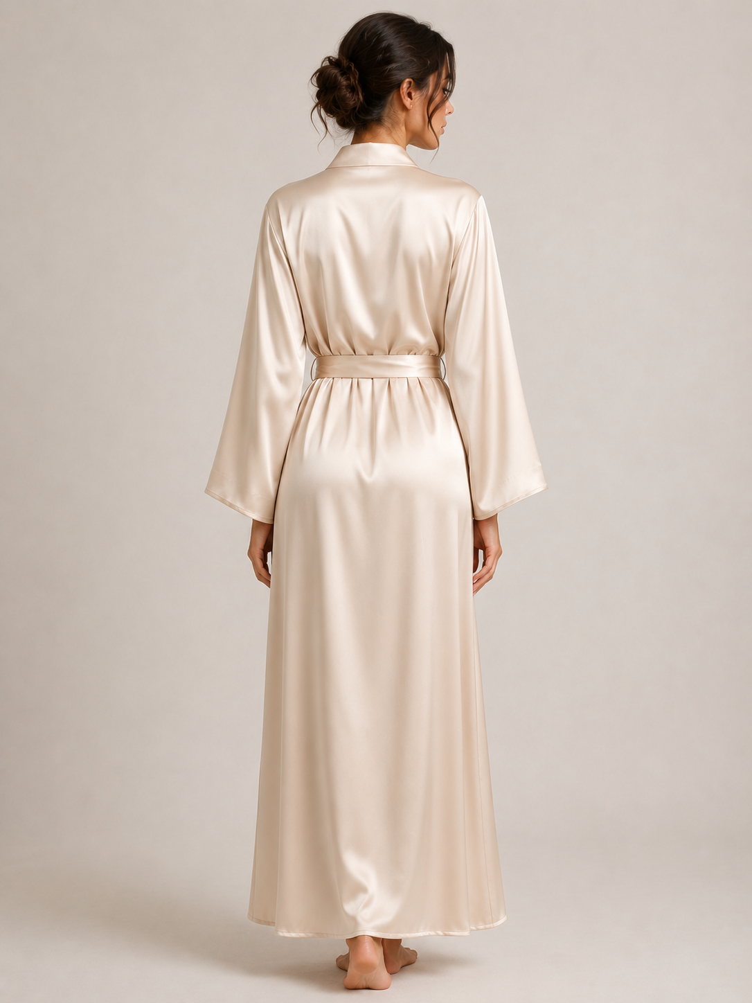 Cream silk robe with belt rear view