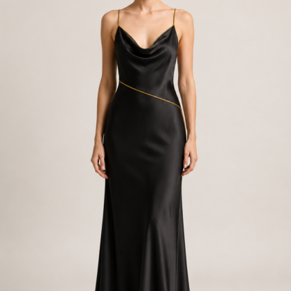 Black silk spaghetti strap gown front view