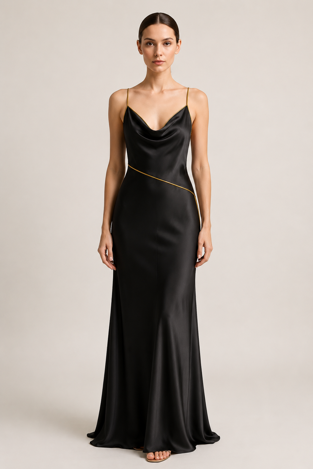 Black silk spaghetti strap gown front view