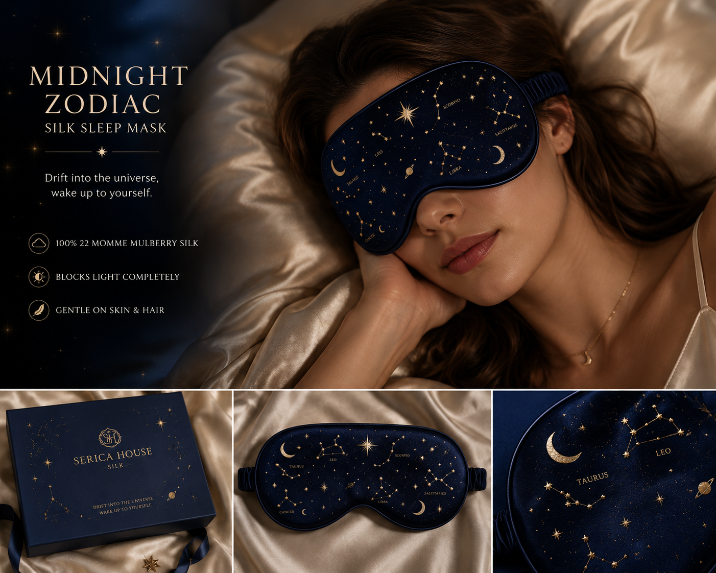 Blue silk sleep mask with zodiac designs and package