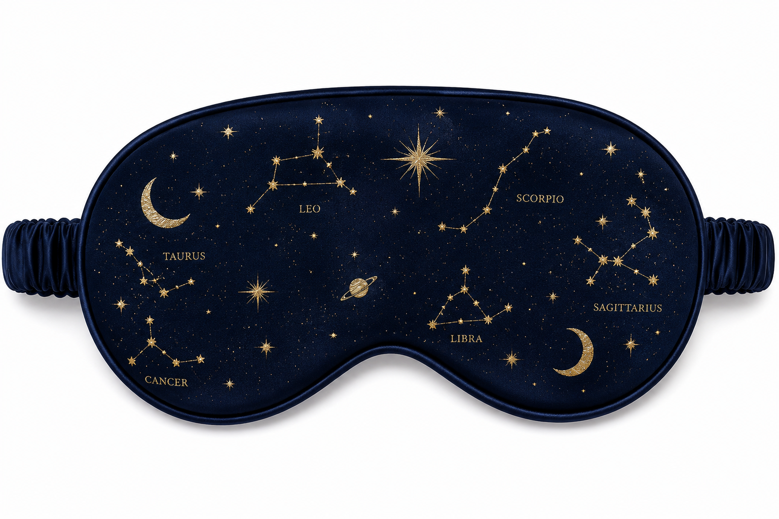 Navy eye mask with gold zodiac constellation patterns