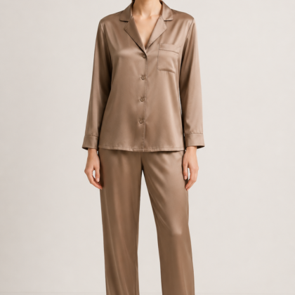 Brown silk pajama set with button-up front
