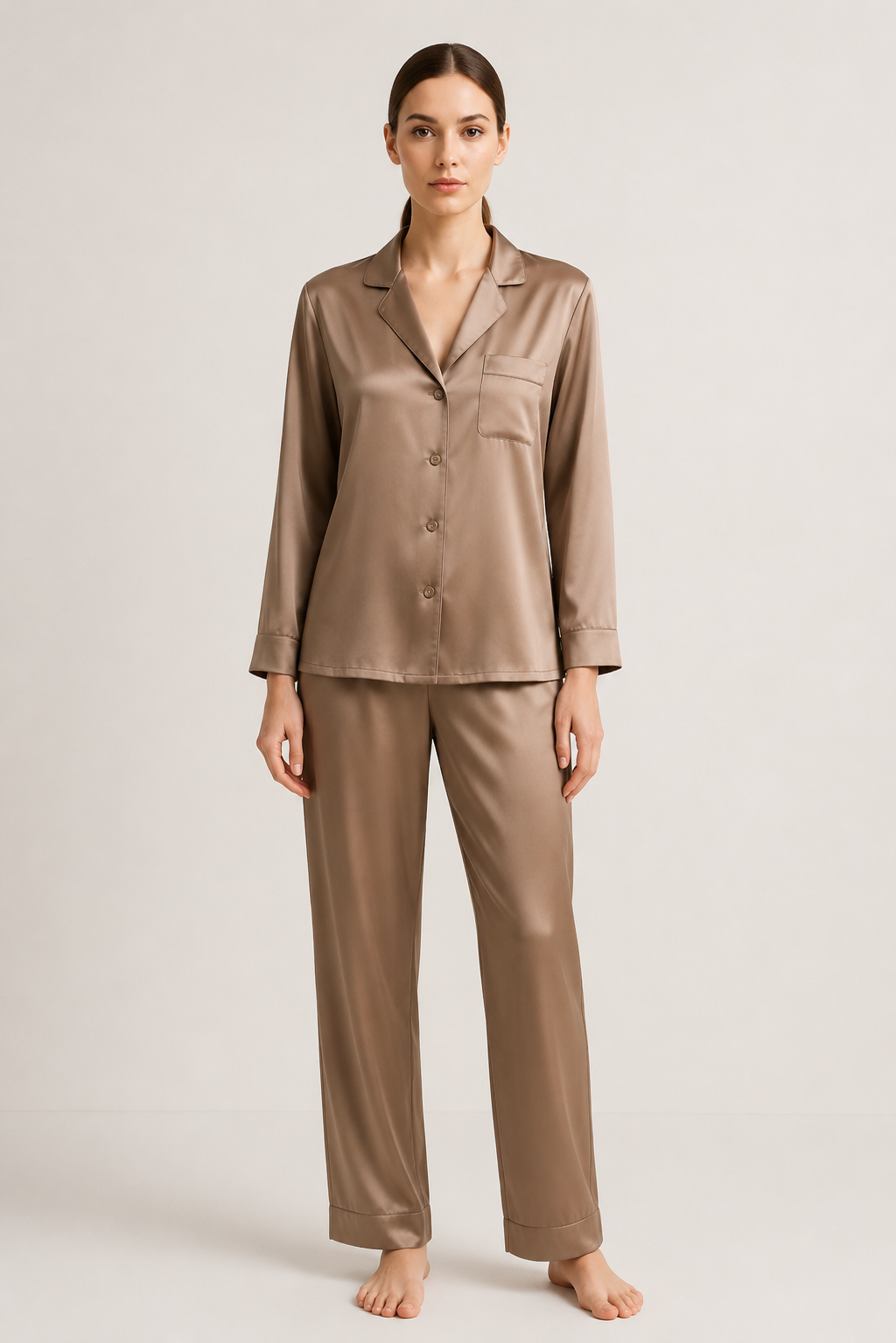 Brown silk pajama set with button-up front