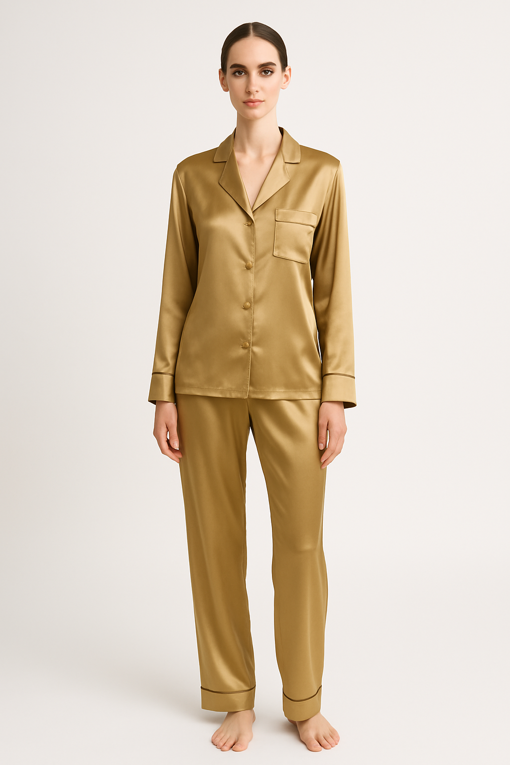 Antique Gold Silk Pajama Set for Women | Luxury