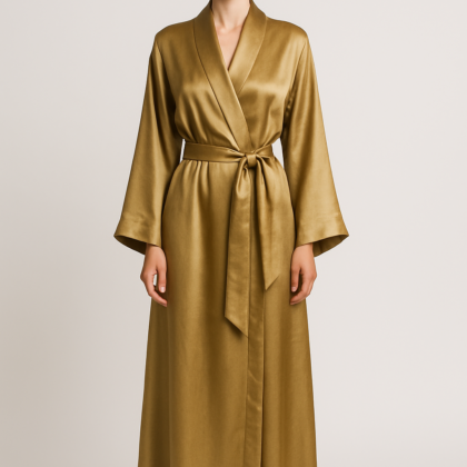 Antique gold silk wrap robe front view