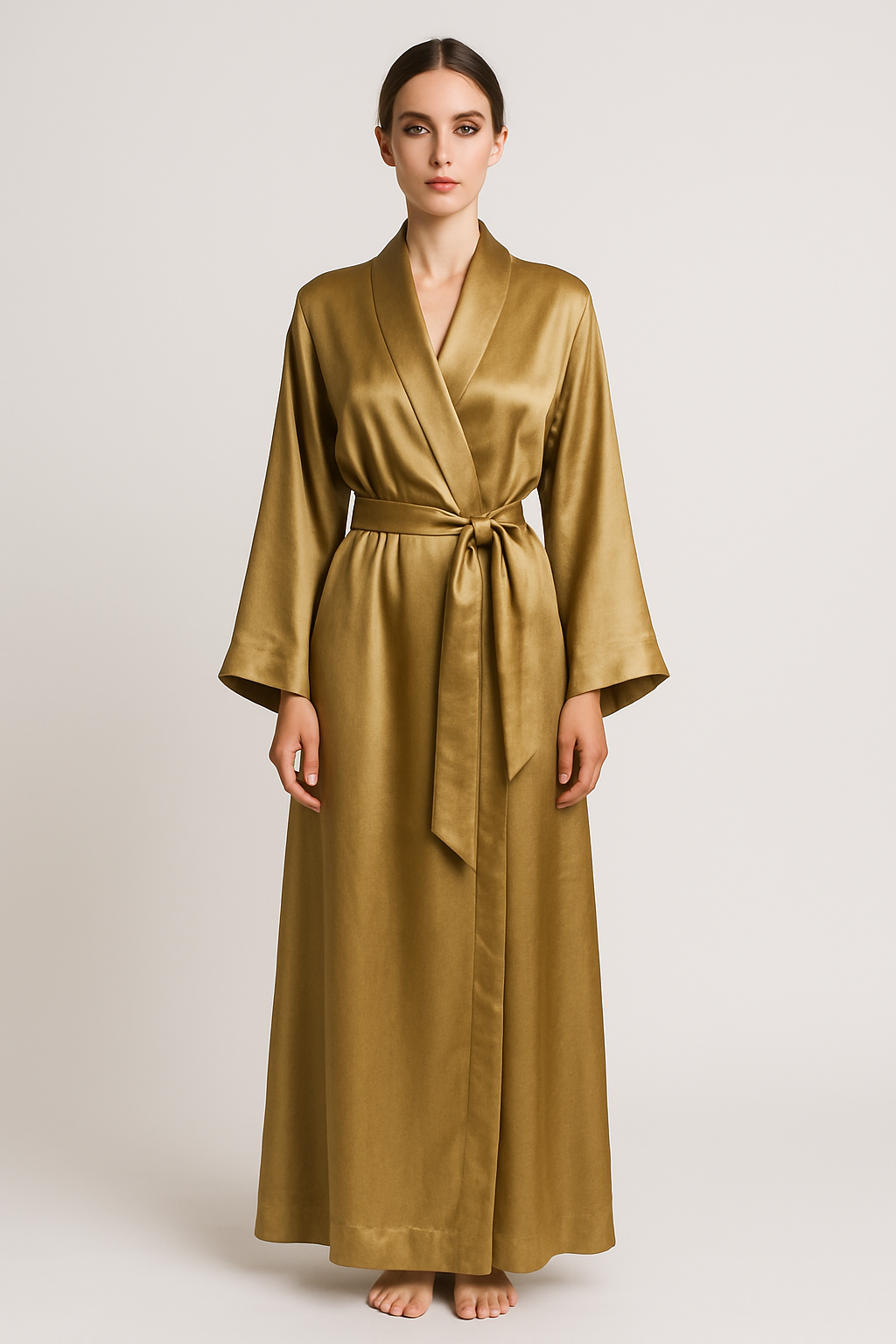 Antique gold silk wrap robe front view