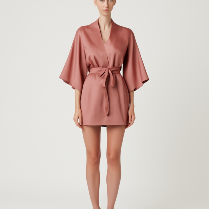 Antique rose silk short kimono front view