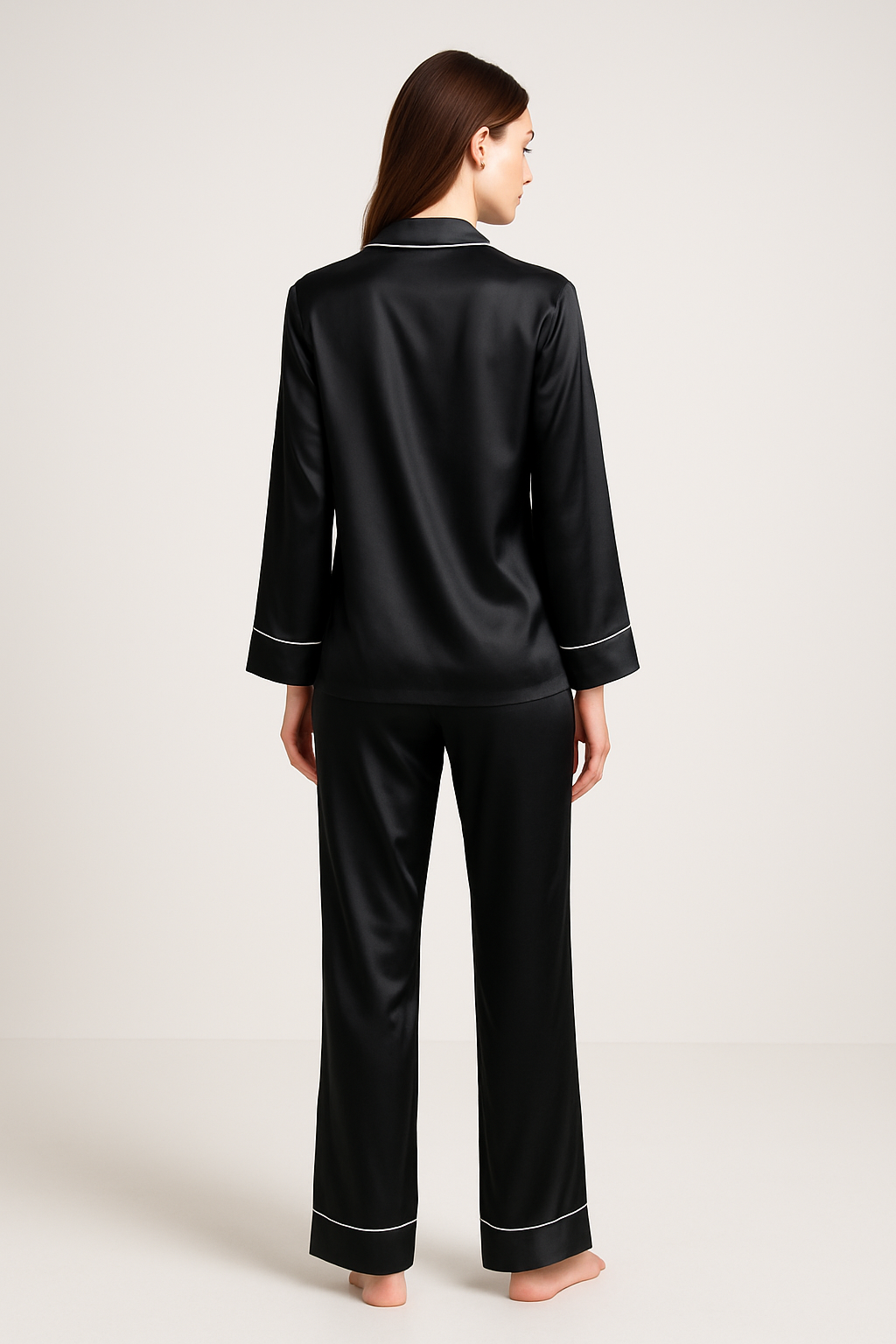 Black Contrast Piped Silk Pajama Set | Stylish - Image 2