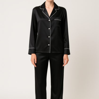Black Contrast Piped Silk Pajama Set | Stylish
