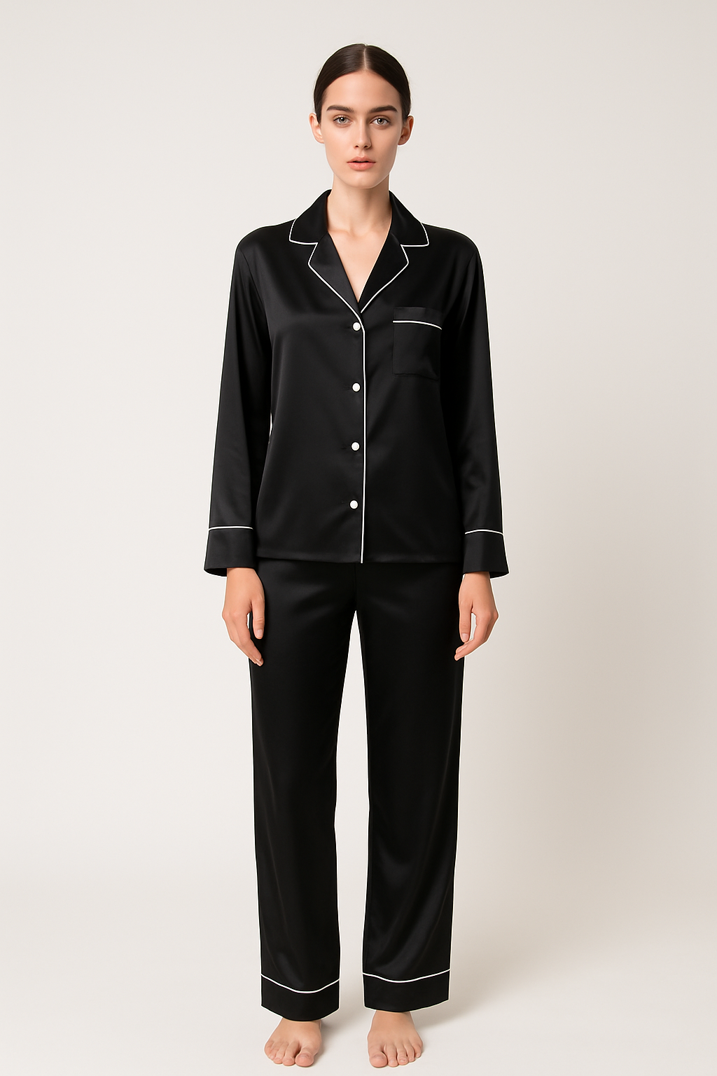 Black Contrast Piped Silk Pajama Set | Stylish