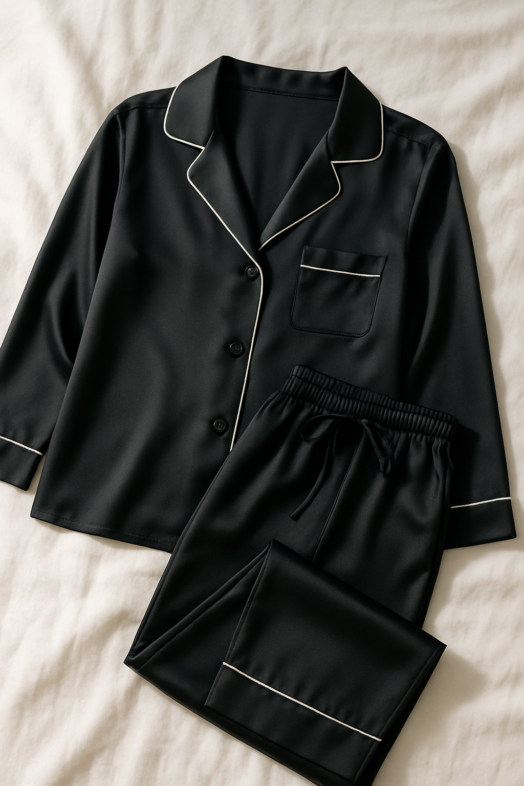 Black Contrast Piped Silk Pajama Set | Stylish - Image 4