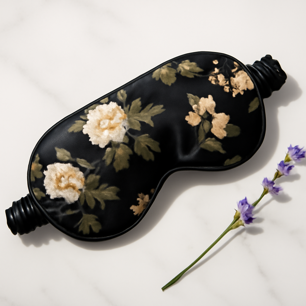 Black silk eye mask with white floral design