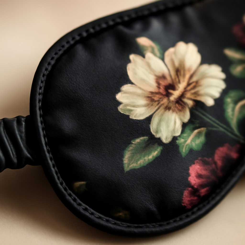 Close-up of floral print on silk mask