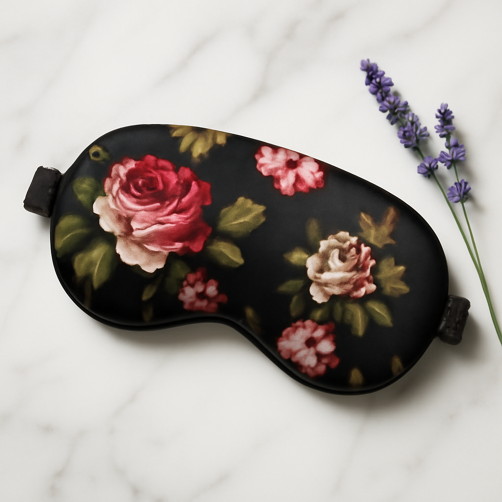 Black silk eye mask with floral print