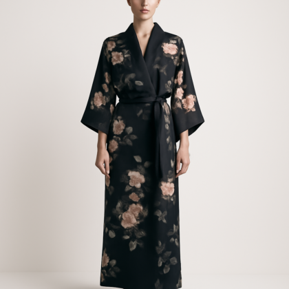 Black Floral-Print Silk Kimono Robe – Chic