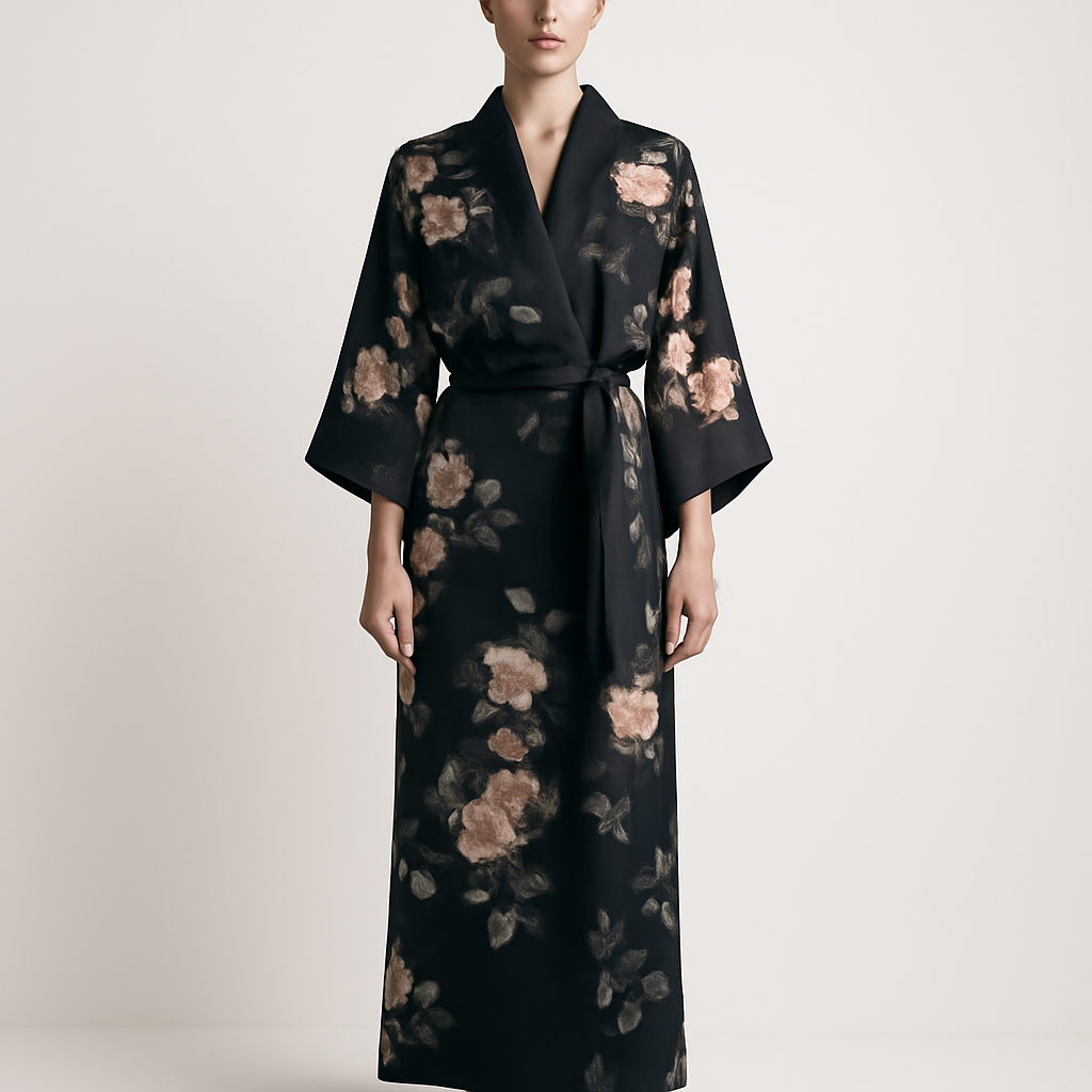 Black Floral-Print Silk Kimono Robe – Chic