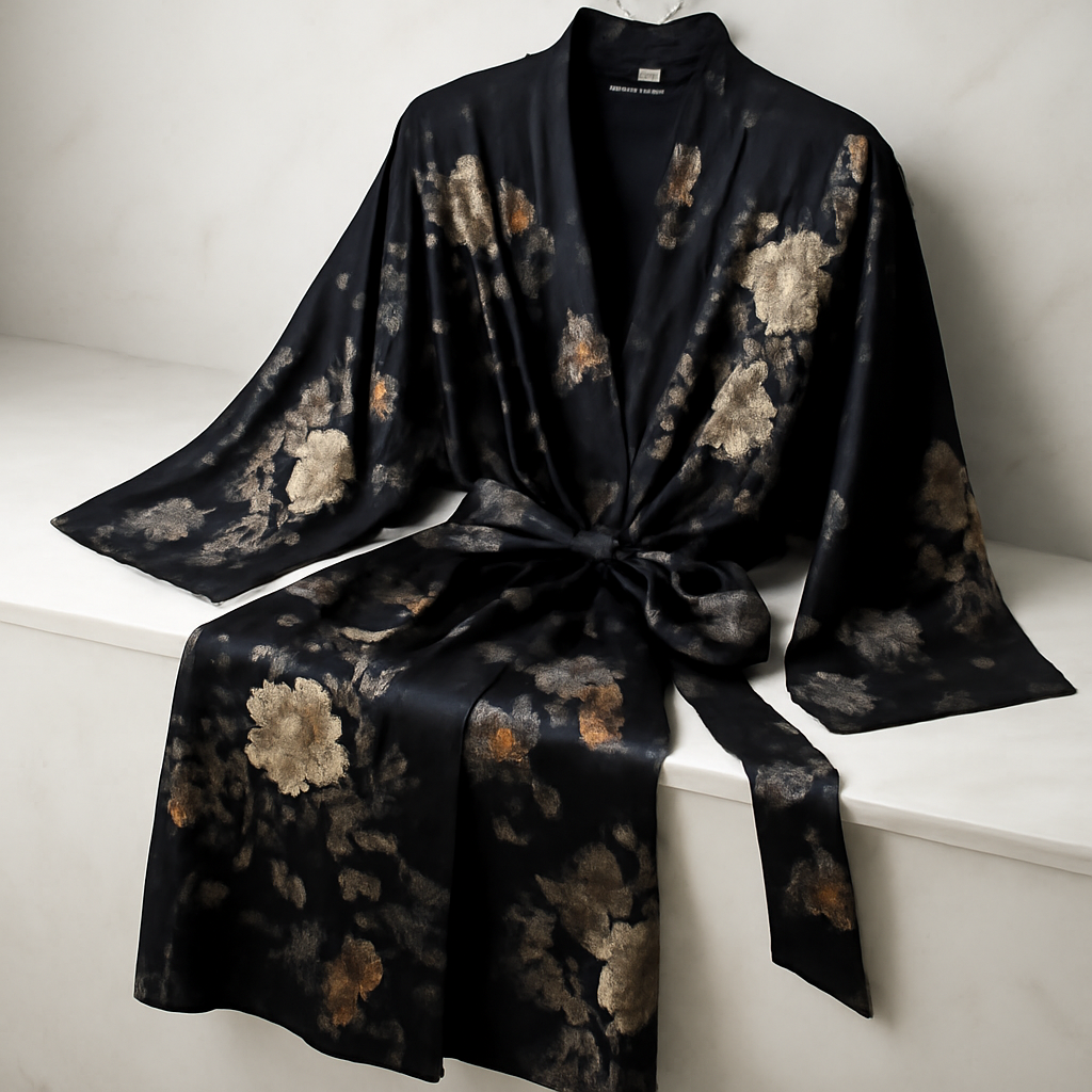 Black Floral-Print Silk Kimono Robe – Chic - Image 3