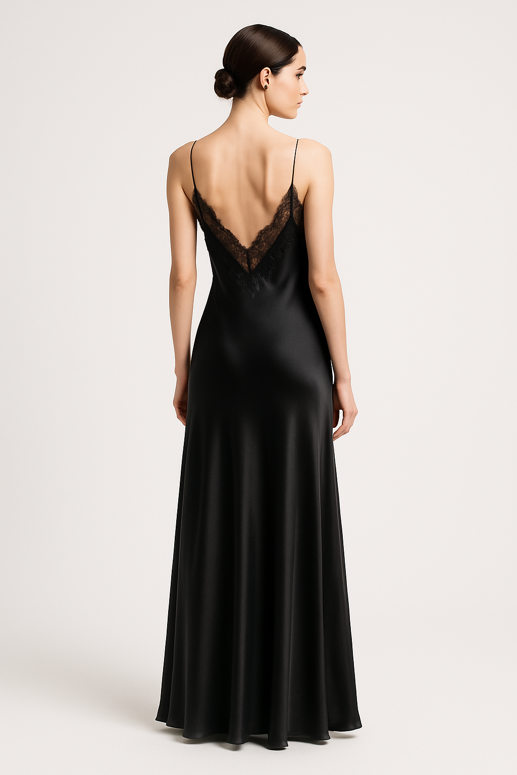 Back view of black silk maxi dress
