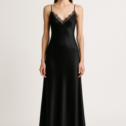Front view of black silk maxi dress
