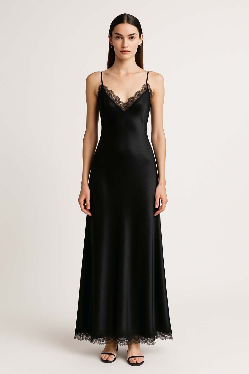 Front view of black silk maxi dress