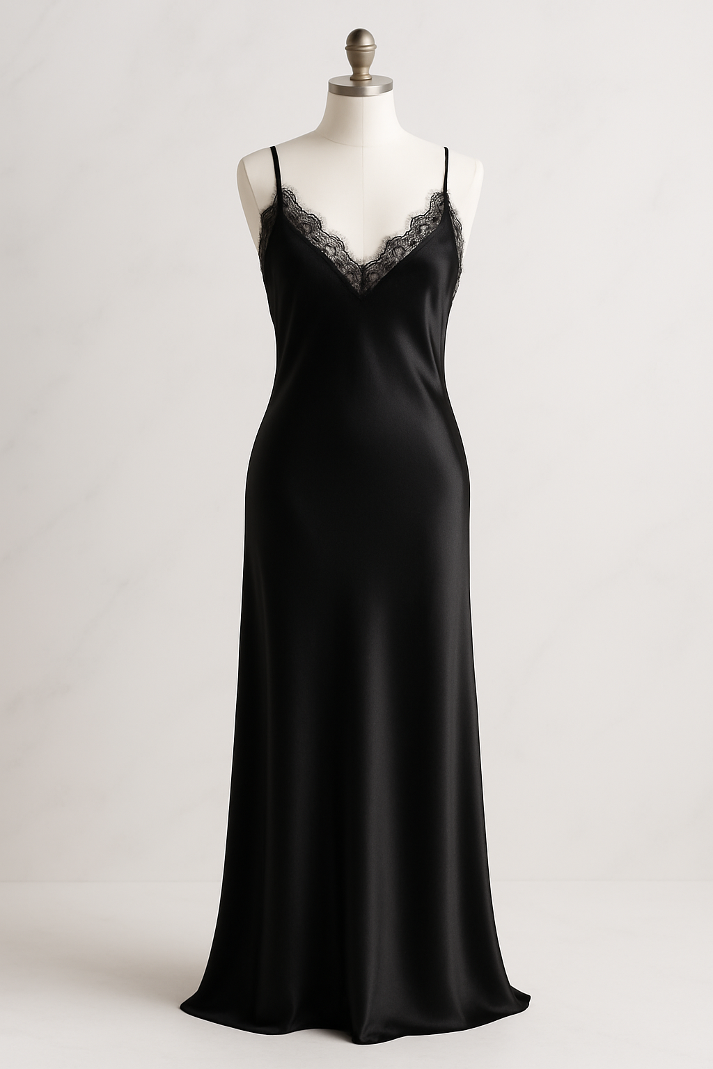 Black silk maxi dress with lace trim