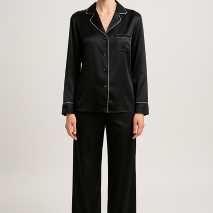 Black Silk Long-Sleeve Pajama Set | Cozy Luxury