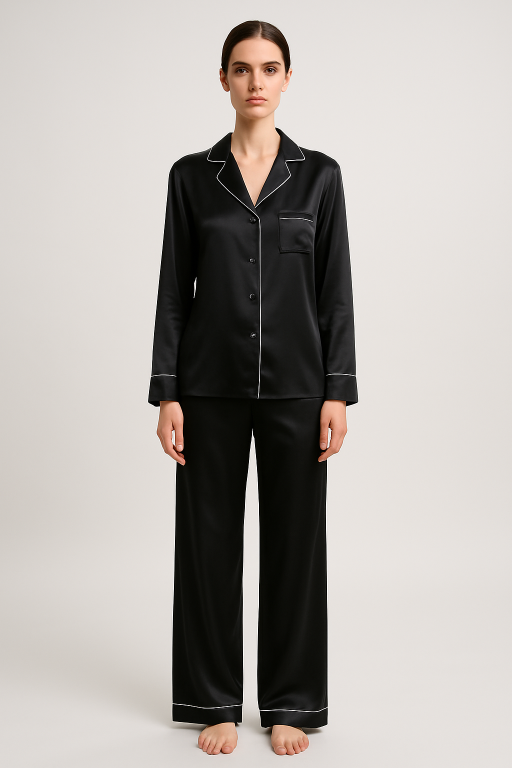 Black Silk Long-Sleeve Pajama Set | Cozy Luxury