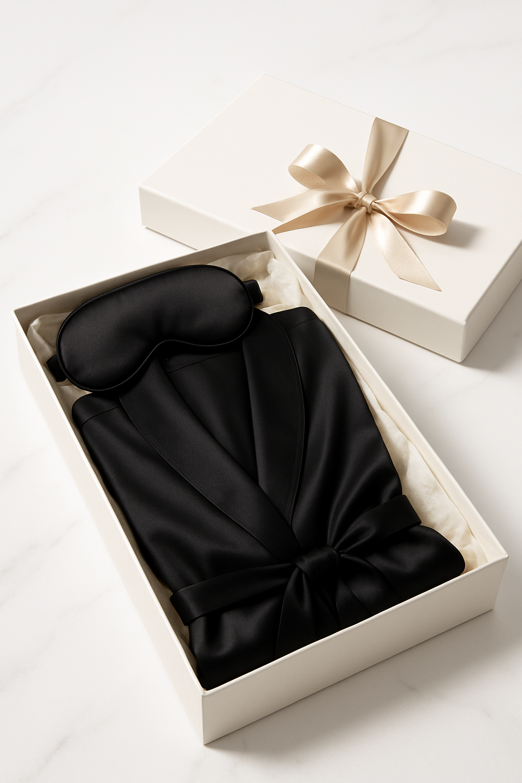 Black silk robe and eye mask in box