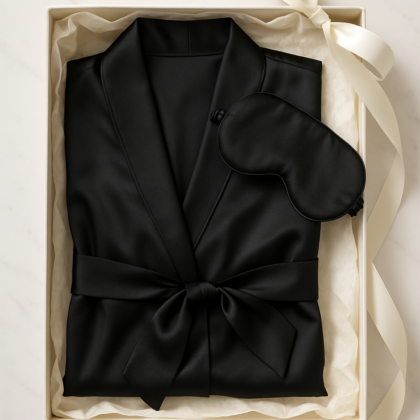 Black silk robe and mask displayed front