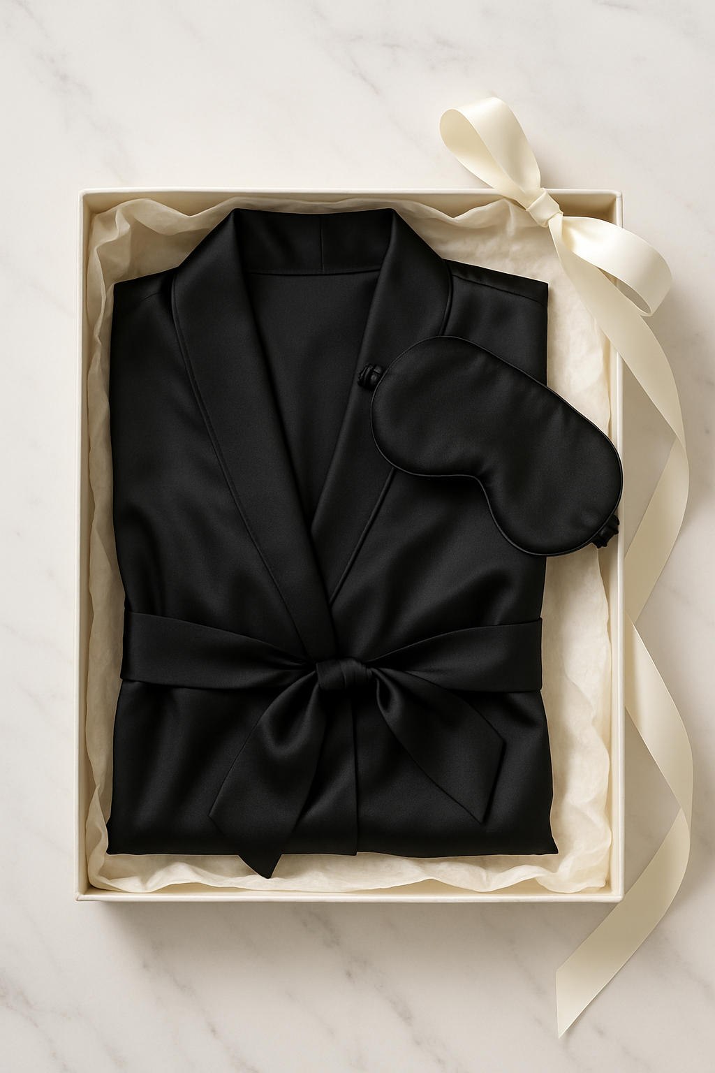 Black silk robe and mask displayed front