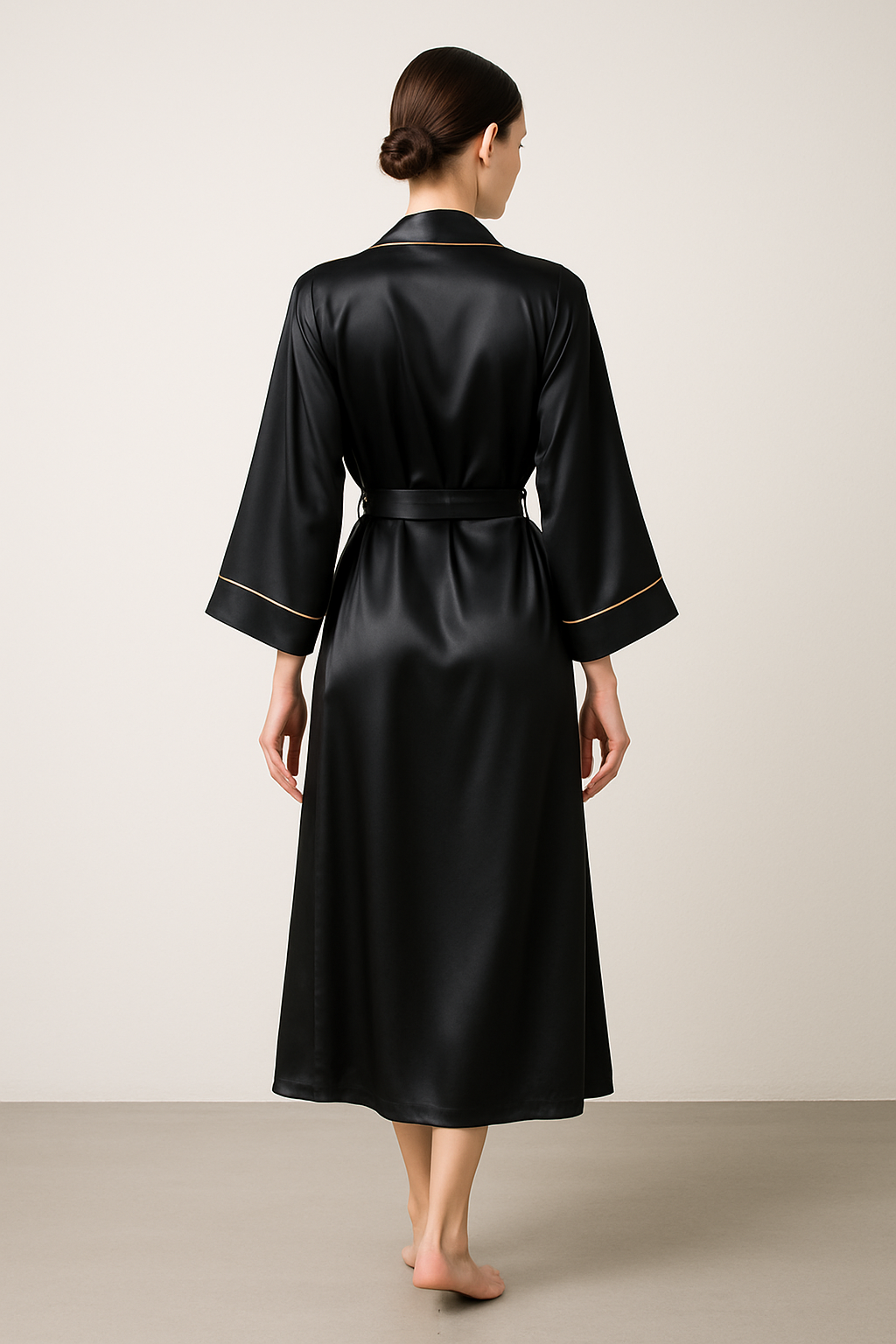 Black Silk Robe – Gold Piping Elegance - Image 2