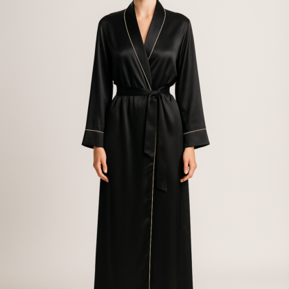 Black Silk Robe – Gold Piping Elegance
