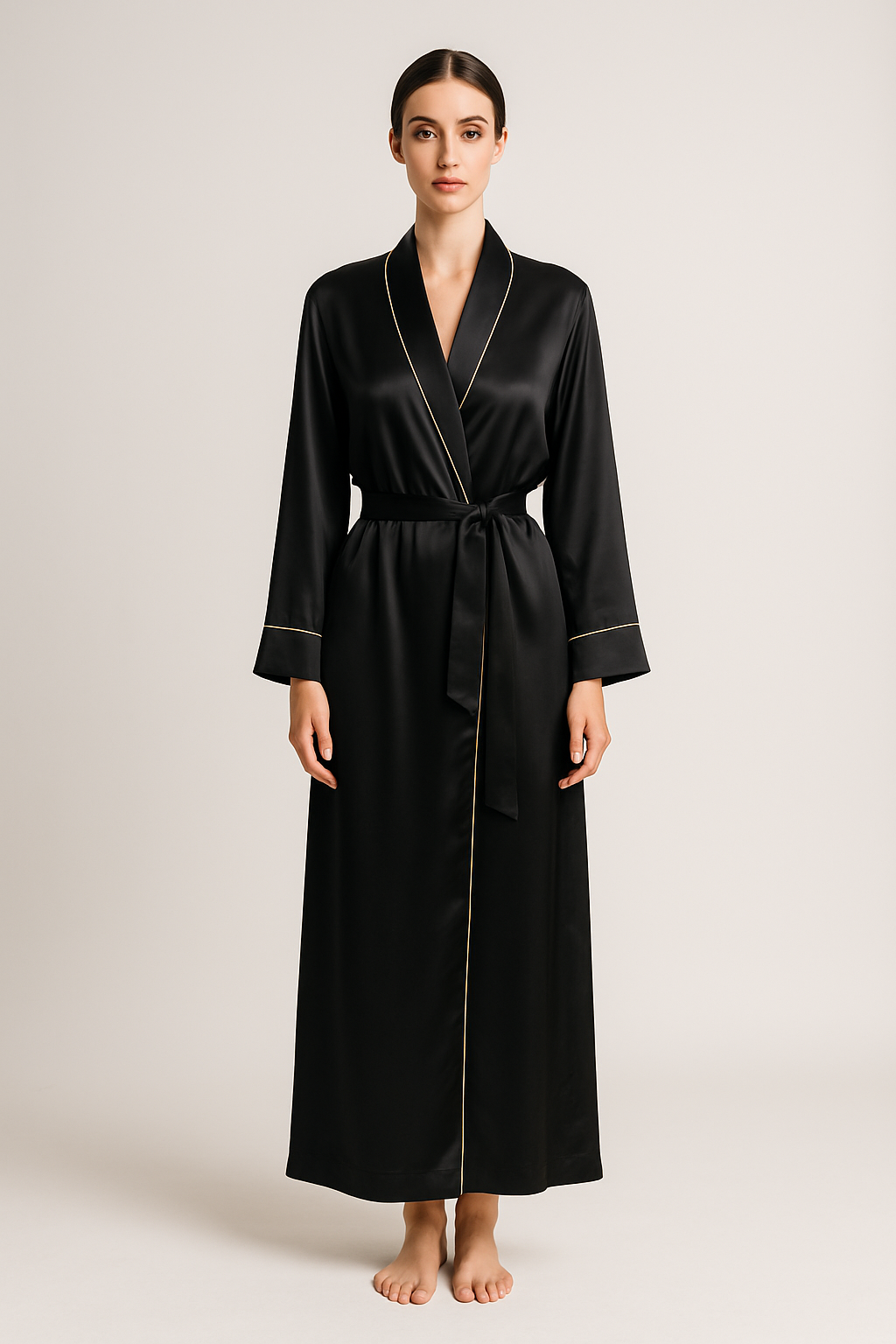 Black Silk Robe – Gold Piping Elegance
