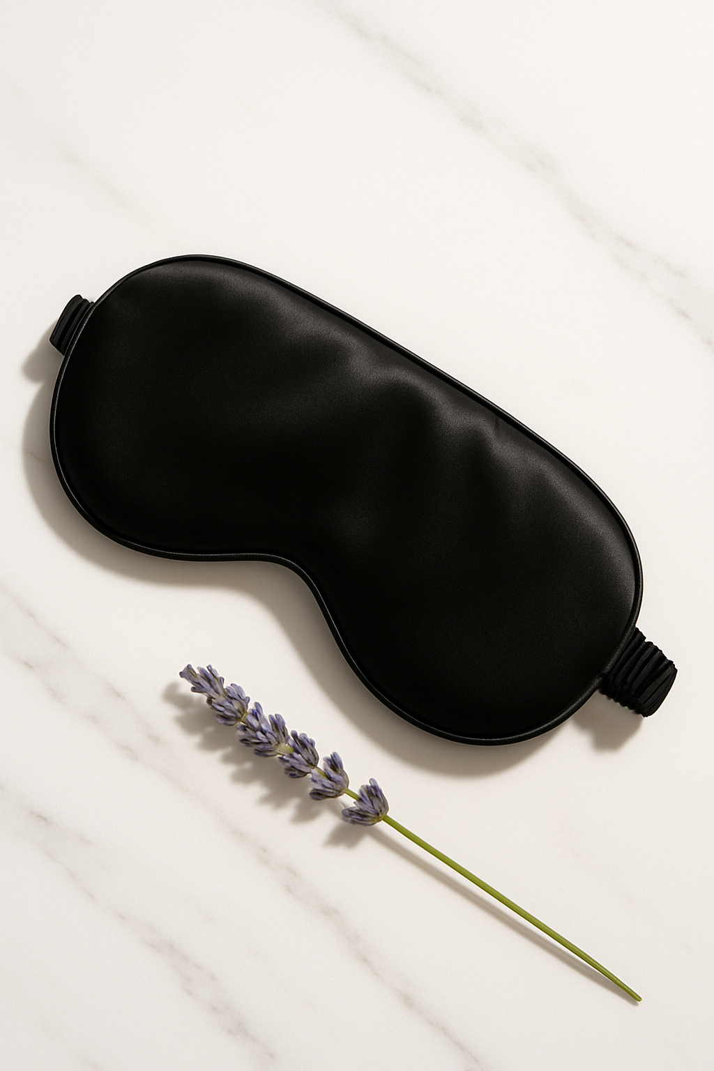 Black silk sleep mask with lavender on white surface