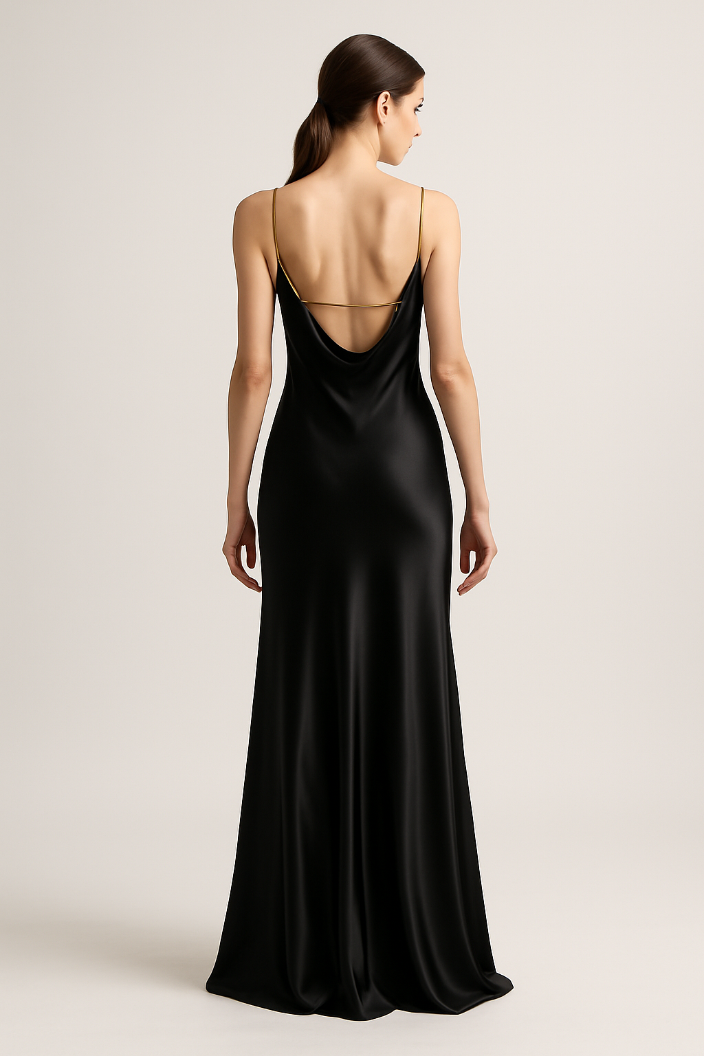 Black silk slip dress back view