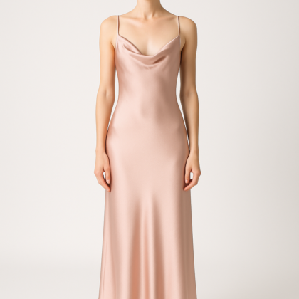 Blush silk slip dress with cowl neckline front