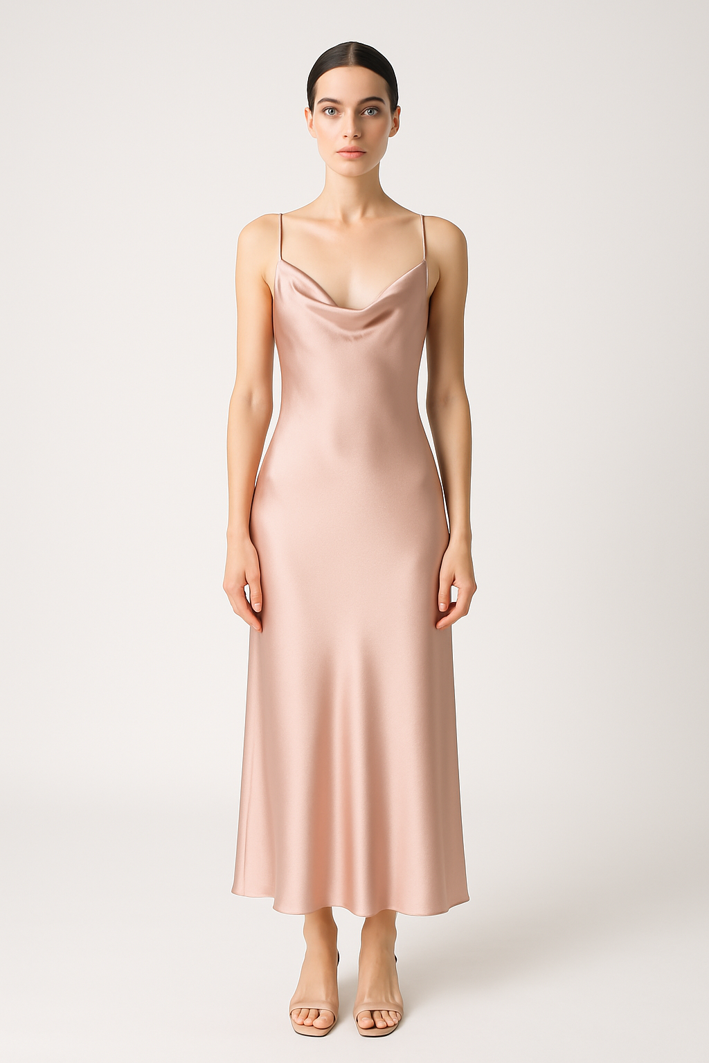 Blush silk slip dress with cowl neckline front