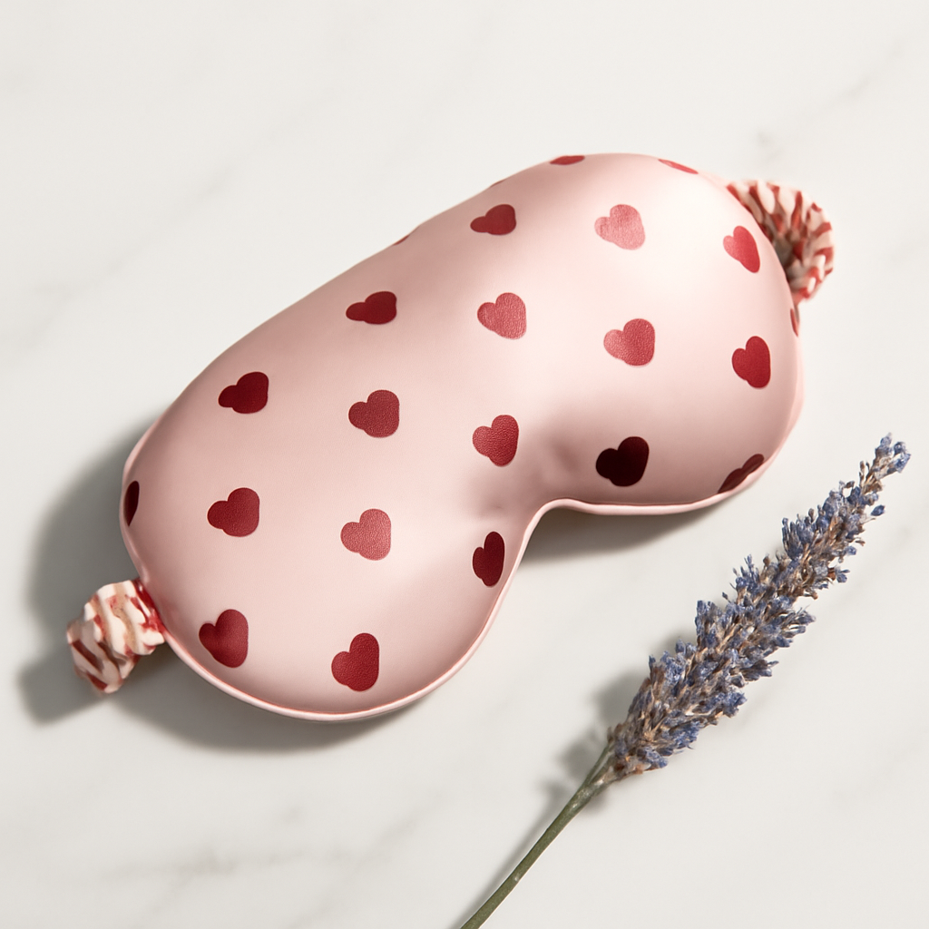 Pink silk sleep mask with red heart pattern