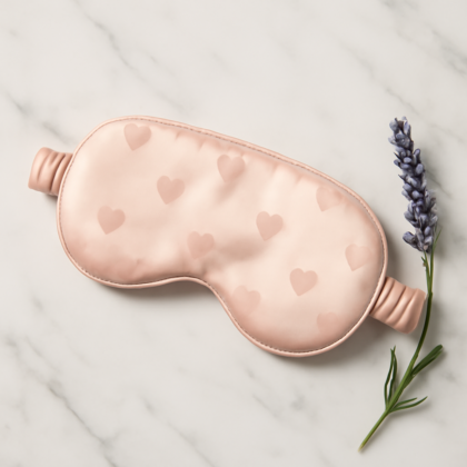 Pink silk sleep mask with subtle heart pattern