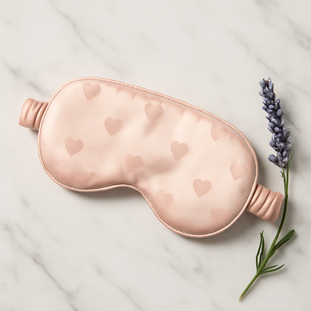 Pink silk sleep mask with subtle heart pattern
