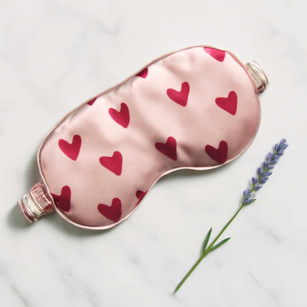 Blush pink silk mask with red heart print