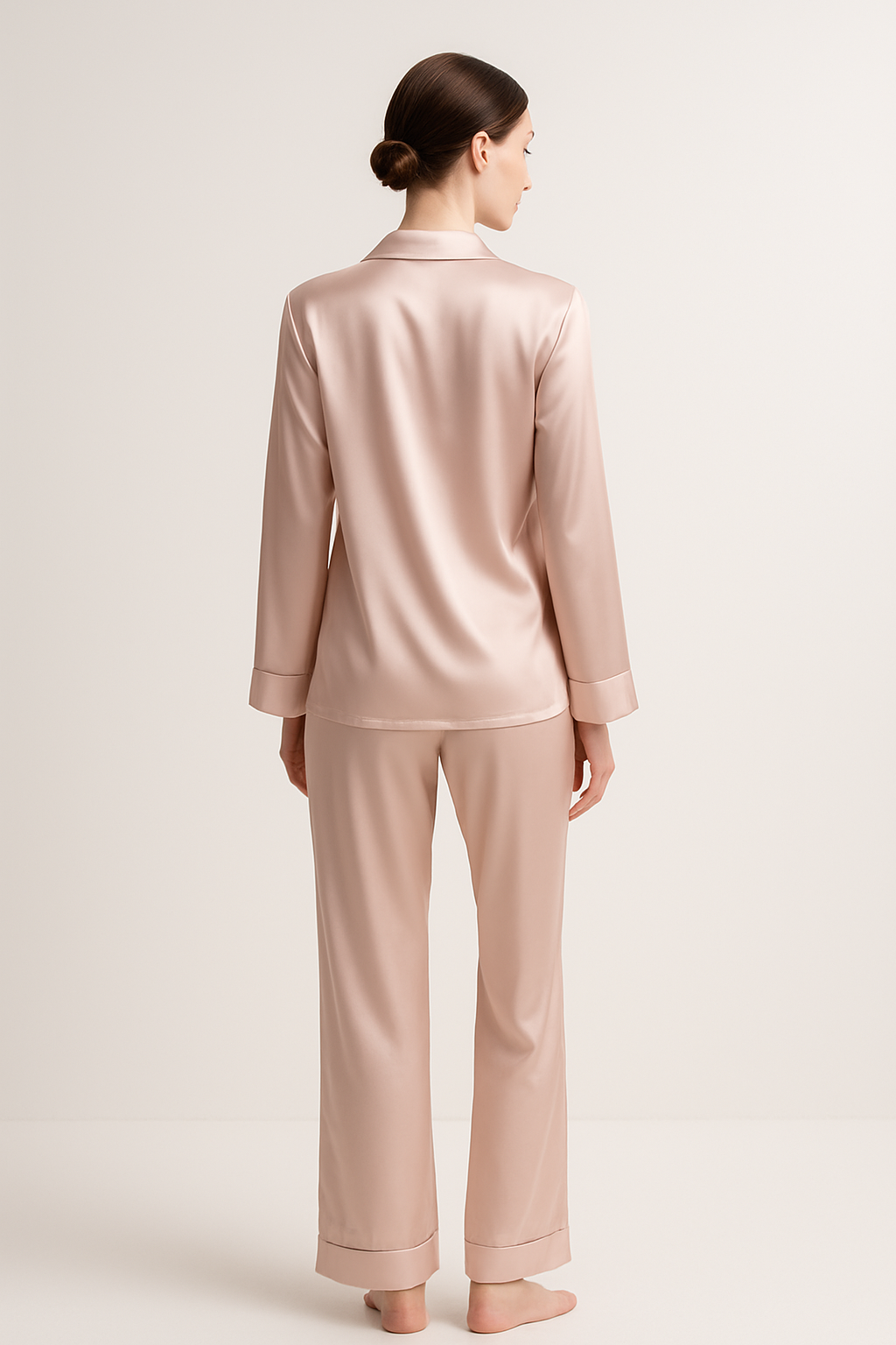 Back view blush silk pajama set long-sleeve