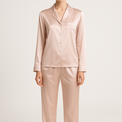 Blush silk pajama set with buttons and pocket