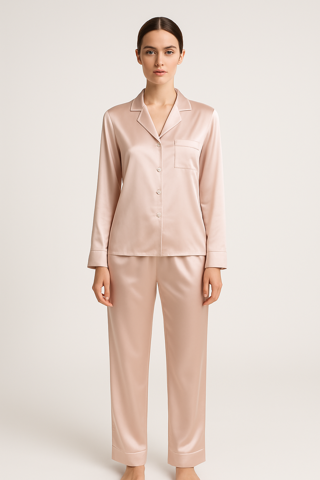 Blush silk pajama set with buttons and pocket