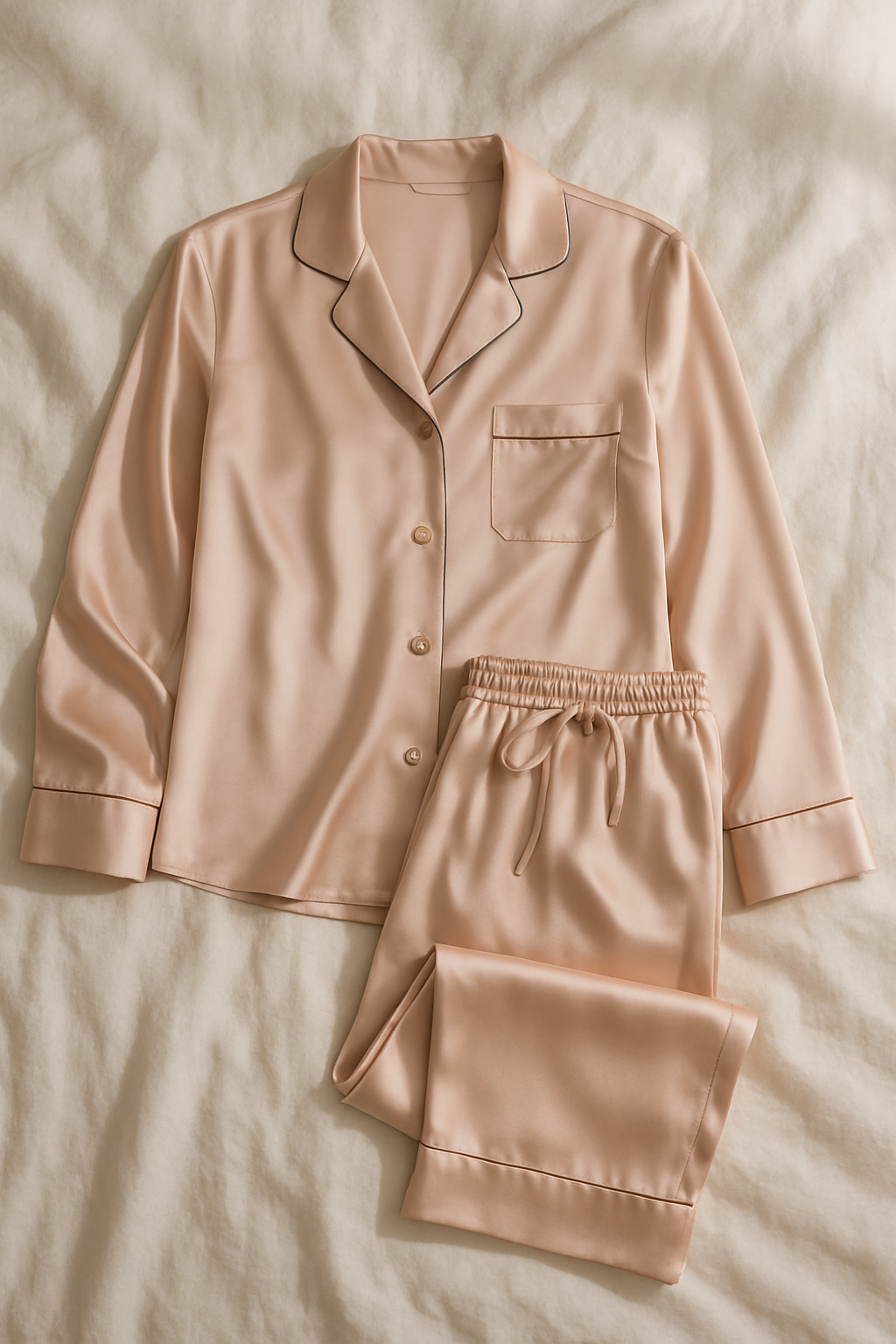 Blush silk pajama set with black piping