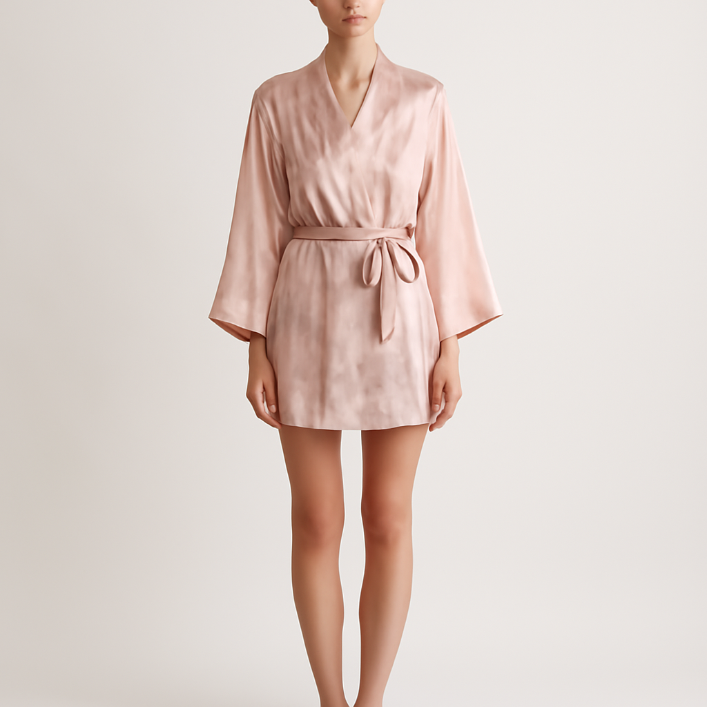 Blush tie-dye silk short robe front view